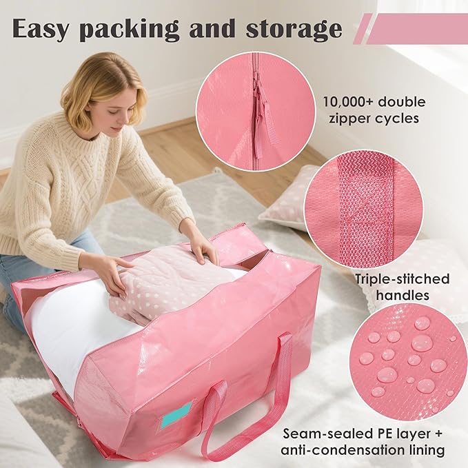 6 Pack Moving Bags with Full-Open Side Zipper, Extra Large 93L Heavy Duty Waterproof Foldable Storage Totes for College Dorm, Moving & Home Organization Pink