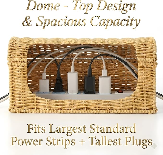 Handwoven Rattan Cable Management Box - Box to Hide Cords and Power Strip, Treasure-Box Dome-Top, Metal Baked Enamel Skeleton, Decorative Home Organizer