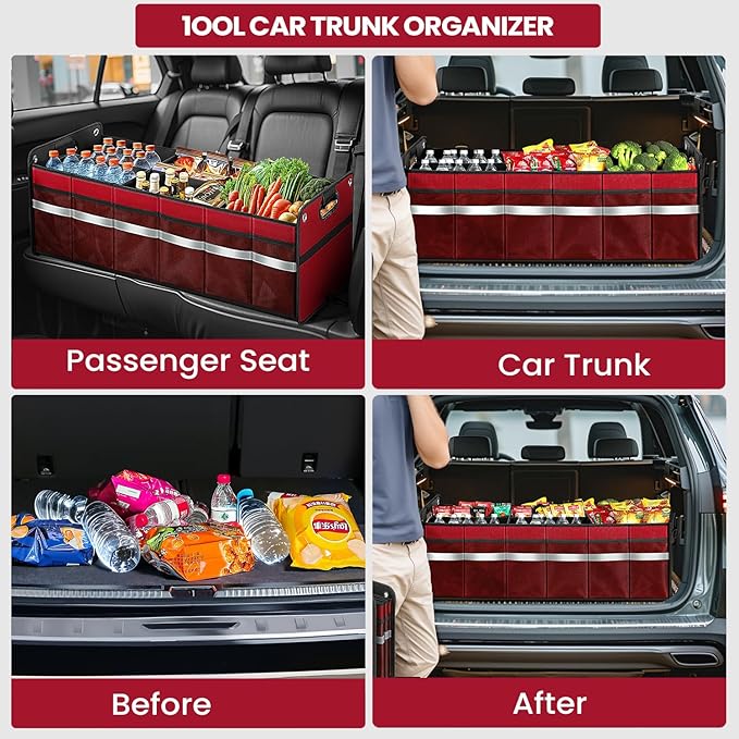 winhunt Car Trunk Organizer, Car Storage Organizer, Collapsible Multi Compartment for Car, Suv, Sedan, Truck, 100L, Extra Larger (Red, 100L)