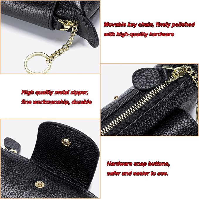 Genuine Leather Coin Purse for Women, Small Leather Mini Wallet with Keychain, Compact Change Purse for Cash, Cards, Coins and Keys, 5.12 Inch, Black