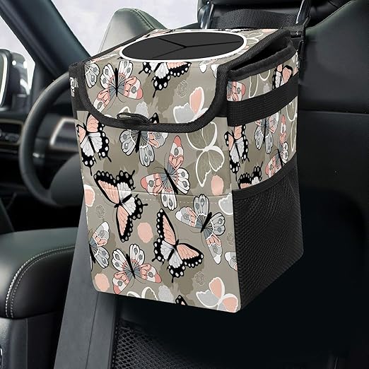 Car Trash Can Butterfly Auto Garbage Bag Car Trash Can with Lid Leak-Proof Car Storage Bag Auto Garbage Bag Hanging for Headrest Collapsible and Portable with Storage Mesh Pocket