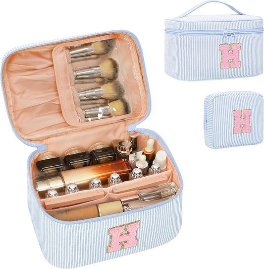 MONSTINA Travel Makeup Bag for Women,Make Up Pouch for Girlfriend Bridesmaid Wife,Birthday Gift for Her Cute Monogram Cute Initial Toiletry Bag Set,2PCS Blue H
