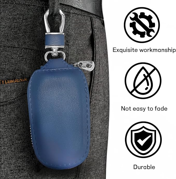 Car Key Case, Genuine Leather Auto Key Fob Protector, Universal Key Fob Cover Case with Metal Hook, Car Smart Keychain Holder for Remote Key Fob, Vehicle Keyring Zipper Bag (Blue)