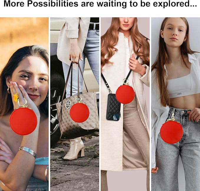 Bocasal Coin Pouch Mini Lipstick Cosmetic Bag with Airtag Holder Mirror, Leather Zipper Travel Makeup Bag Organizer Keychain Ring Clasp for Keys Earbuds Earphone Lip Gloss Chapstick Women Girls (Red)