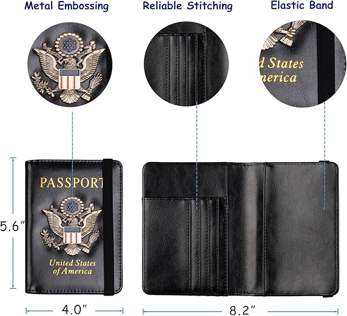 TOURSUIT RFID Blocking Passport Holder for Women Men, Leather Passport Travel Wallet with 3D Metal Badge, Travel Document Holder Cover Accessories (Black)