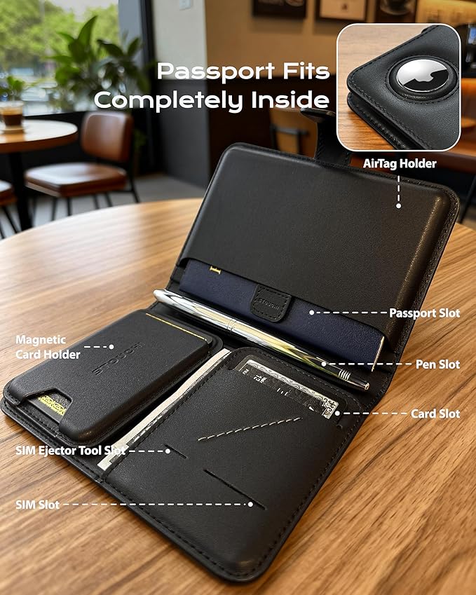 Stouchi AirTag Passport Holder, Passport Holder for Travel Men with Detachable Magnetic Card Case, RFID-blocking, 1-Second Pull Strap & One-Hand Access, Premium Vegan Leather Travel Document Organizer