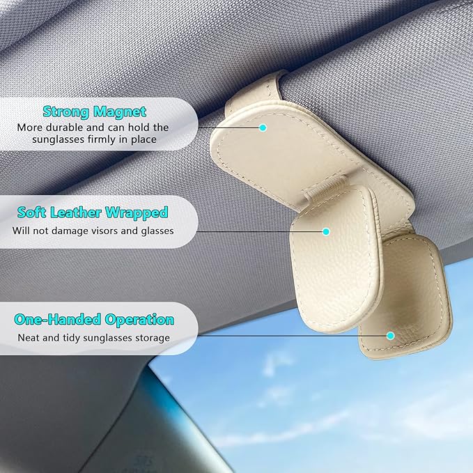 Visonx Sunglass Holder for Car Visor Clip, Magnetic Leather Eyeglass Hanger Clip for Car, Square Car Visor Accessories (White)