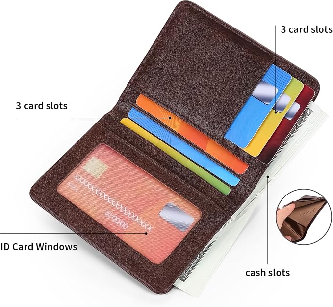 Bifold Slim Men Wallet Genuine Leather Thin, Small Vertical RFID Blocking Wallets for Men ，Compact & Stylish with Clear ID Windows (Coffee)