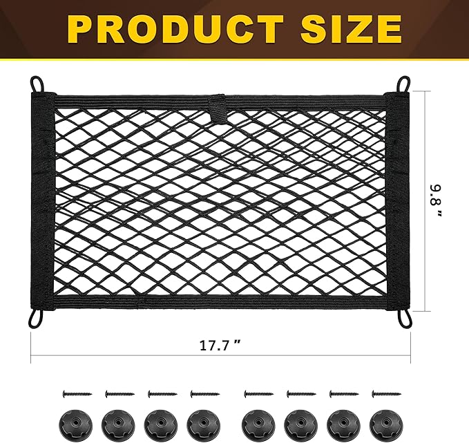 BUMBEE Mesh Cargo Net, Envelope Netting, Elastic Pocket Pouch Bungee Organizer for Car Seat Back RV Wall Trunk, Hooks & Screws Included(17.7'' x 9.8'')