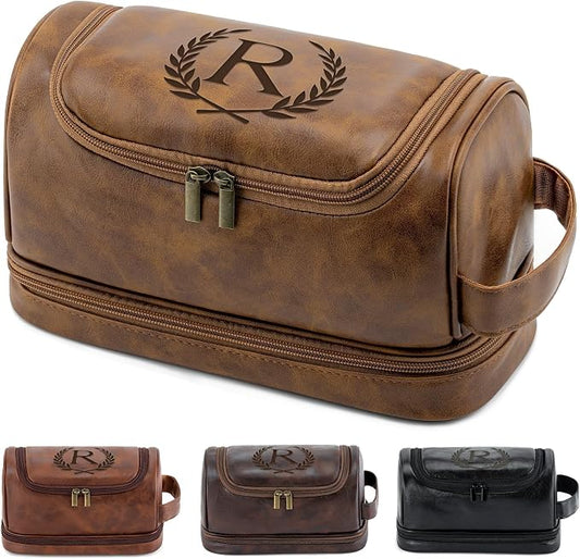 Travel Essentials Accessories Initial Letter Hanging Toiletry Bag for Men, Personalized PU Leather Waterproof Travel Size Toiletries Storage Organizer Shaving Bag for Men, Light Brown R