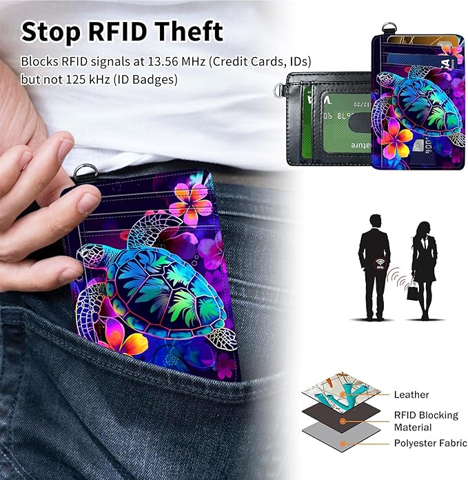 Slim Minimalist Front Pocket Wallet,Credit Card Holder Wallet for Women Men,RFID Blocking Credit Card Holder Case Leather Cute Small Thin Wallet ID Window&Wrist Strap,Glitter Sea Turtle