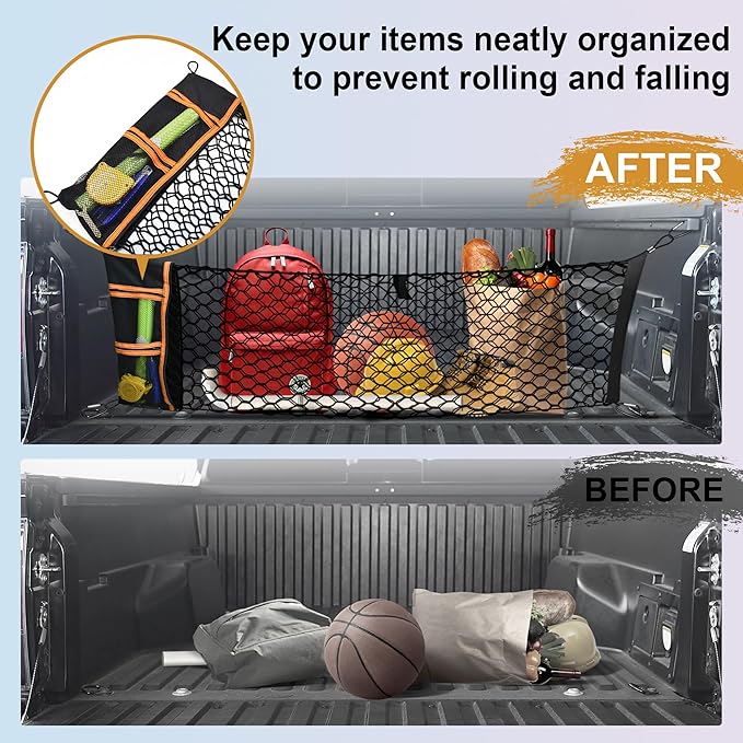 Envelope Style Truck Cargo Net Compatible with Toyota Tacoma 2005-2024, Highly Elastic Truck Bed Net for Tacoma Accessories, Upgraded Storage Bag & 4.5mm Bungee