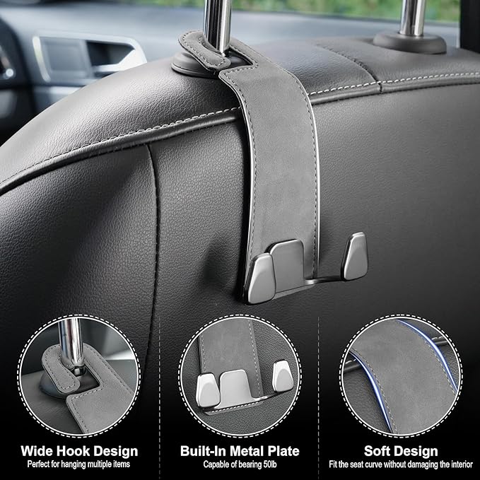 GaRhomxy Car Seat Headrest Hook, Premium Suede Double Hook 2 Pack, Universal Hanging Accessories for Purse, Bag, Groceries - Car Interior Accessories (Gary)