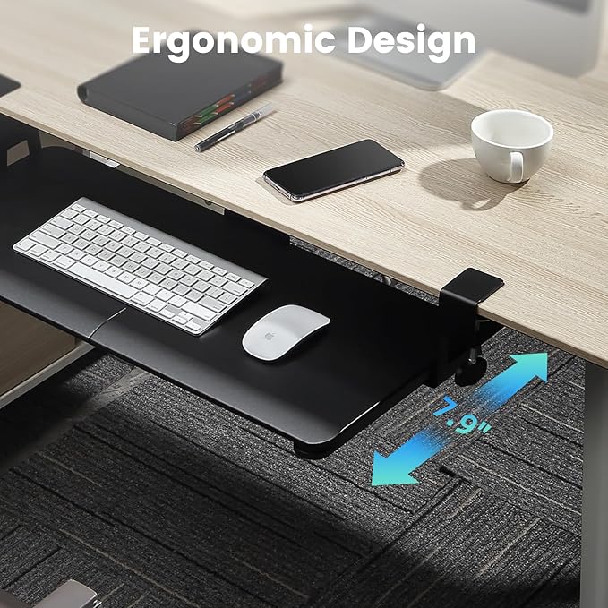 Keyboard Tray Under Desk, Slide Out Computer Keyboard & Mouse Tray with C Clamp-on Mount Easy to Install,30" W（Including Clamps） X 12" D Large Size,Black