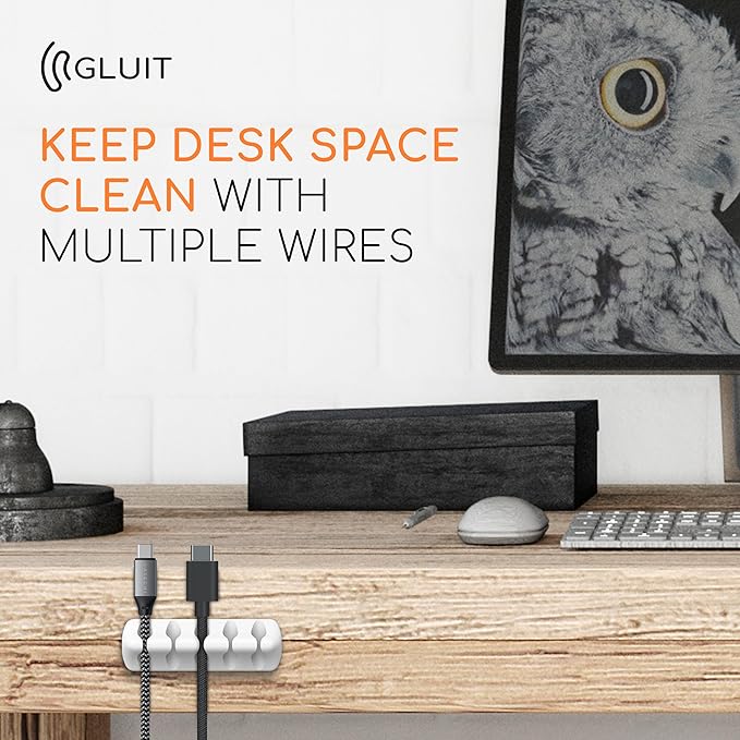 GLUIT Cord Organizer for Desk, Cable Holder for Nightstand, Charger Organizer, Adhesive Desktop Wire Clips, Multislot Cable Management, Table Organizer Accessories - 5 Pack, 15 Slots, White