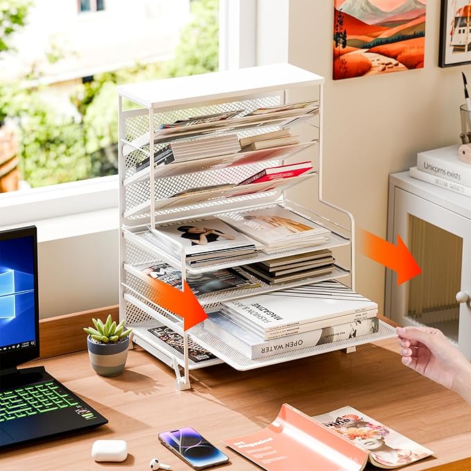 Simple Trending 7 Tier Desk File Organizer, Letter Tray Paper Organizer, Mesh Desk Accessories File Folder for Office, Home or School, White