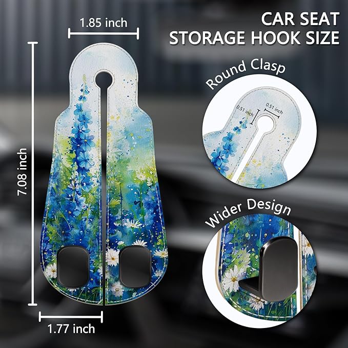Blusabaca 2PCS Car Seat Back Storage Headrest Hooks, Floral Blue Purse Holder Bags Hanger, PU Leather Double Metal Hook for Backseat Organizer, Women Car Accessories Organization