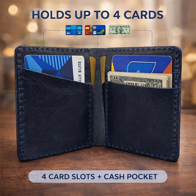 Genuine Leather Bifold Card Holder Wallet for Men & Women Slim Minimalist Front Pocket Credit Card Wallet, Compact Travel & Everyday Carry - Navy Blue