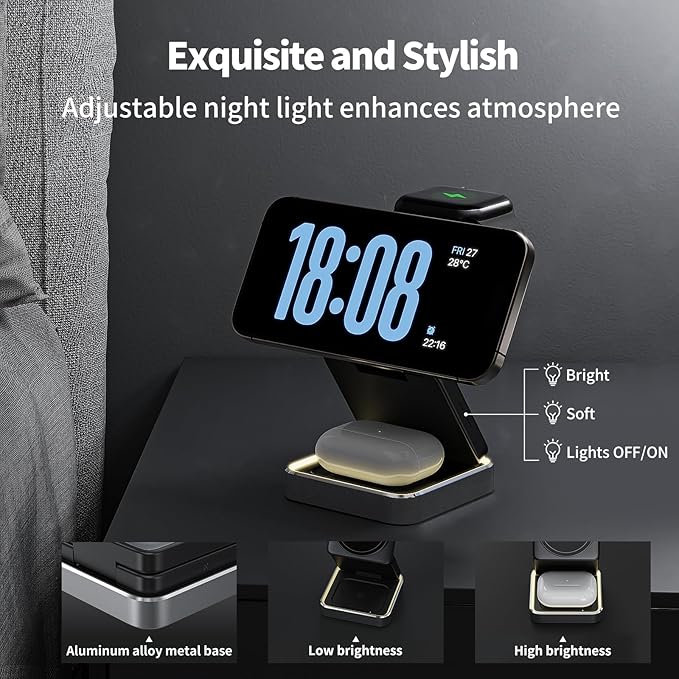 【2026 Upgraded】 Magnetic Wireless Charger 3 in 1, Foldable Charging Station with Night Light for Apple MagSafe Charger, Travel Charger Stand, Nightstand Fast 15W Charging Station (with Adapter)