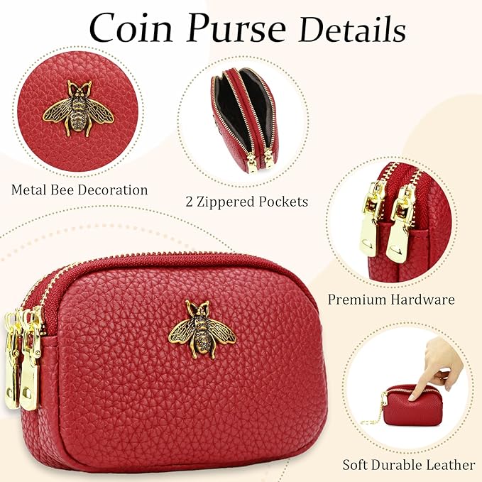 WOZEAH Leather Coin Purse for Women Small 2 Zipper Change Wallet with Key Ring Card Key Coin Cash Holder Pouch(Red)
