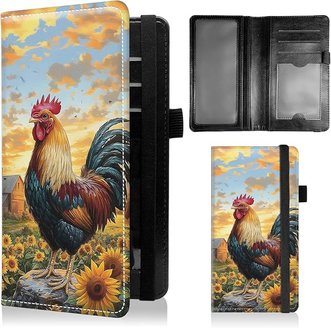 Check Book Cover for Personal Checkbook with Duplicate Checks for Women's & Men PU Leather Wallets Check Book Holder with Pen Card Slots Elastic Strap,Rooster Sunflower