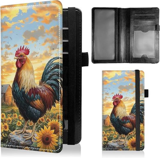 Check Book Cover for Personal Checkbook with Duplicate Checks for Women's & Men PU Leather Wallets Check Book Holder with Pen Card Slots Elastic Strap,Rooster Sunflower
