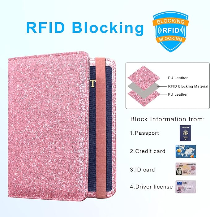 ACdream Passport Holder Cover, Leather Travel Wallet Case, RFID Blocking Document Organizer Protecrtor, with Slots for Credit Cards, Boarding Pass, for Women and Men, Glitter Pink