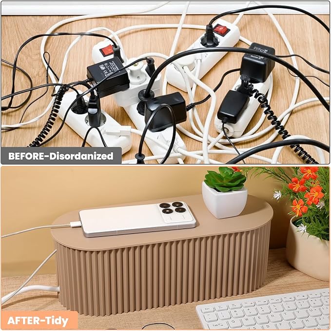2 Pcs Large Cable Management Box, Plastic Cord Organizer for Power Strips, Surge Protectors, Chargers, Adapters, TV Computer Wires Hider for Home Office Desk, Khaki