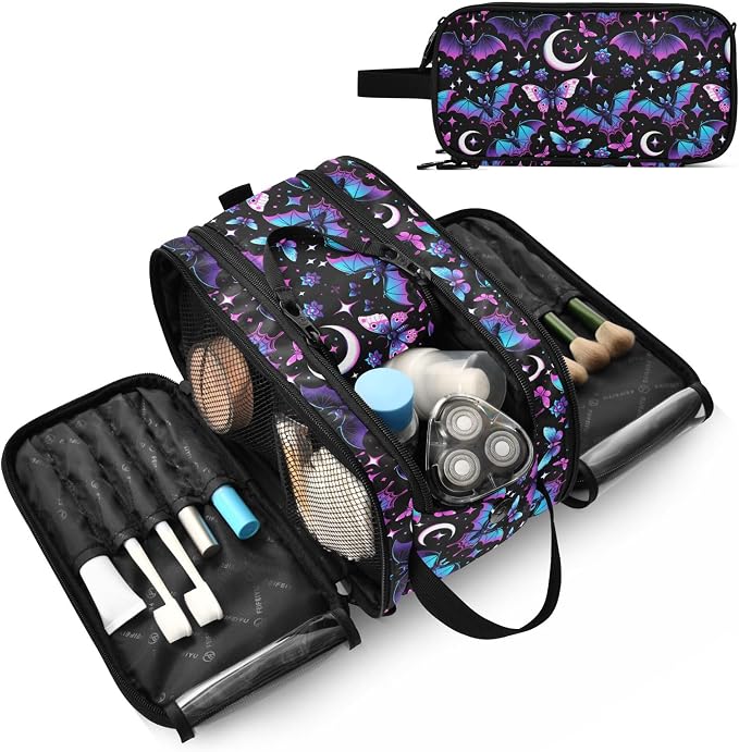 MNSRUU Large Capacity Makeup Bag, Neon Purple and Bats Stars and Moons Cosmetic Bag Portable Toiletries Pouch with Compartments Makeup Organizer Case for Travel Women