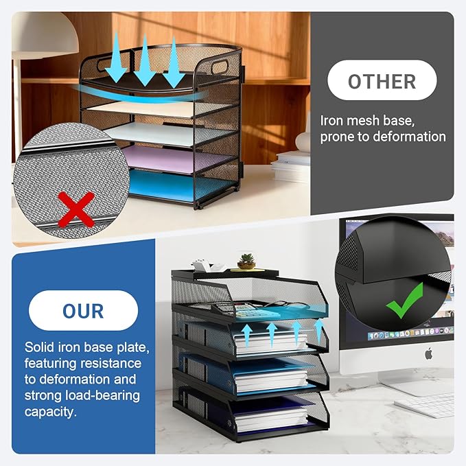 Natwind 4-Tier Paper Organizers,Desk Organizer,Stackable Paper Tray, Desk Accessories,Metal Mesh Desktop Organizer,Letter Trays,File Document Storage Rack for for Home, Office, School (Black)