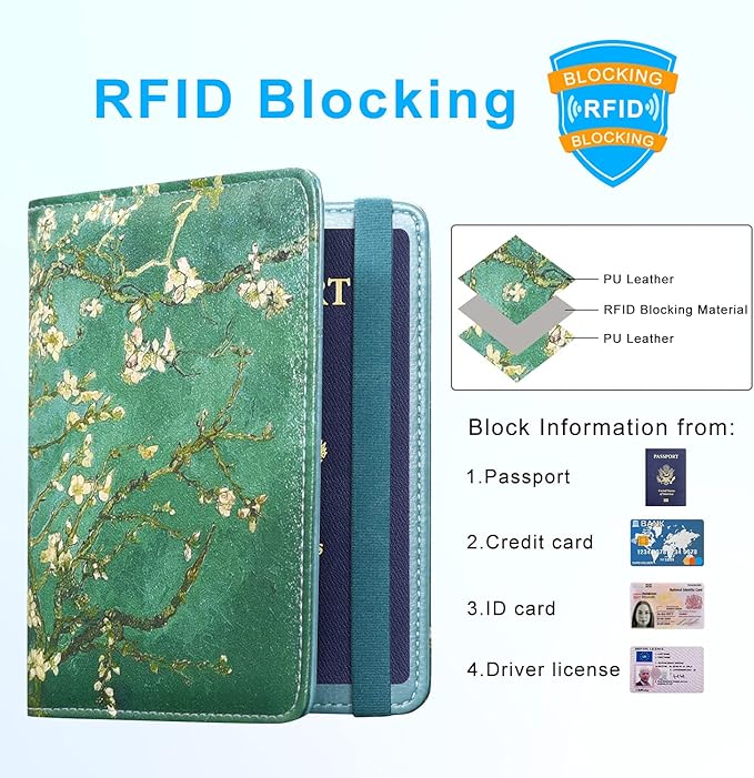 ACdream Passport Holder Cover, Leather Travel Wallet Case, RFID Blocking Document Organizer Protecrtor, with Slots for Credit Cards, Boarding Pass, for Women and Men, Blossom