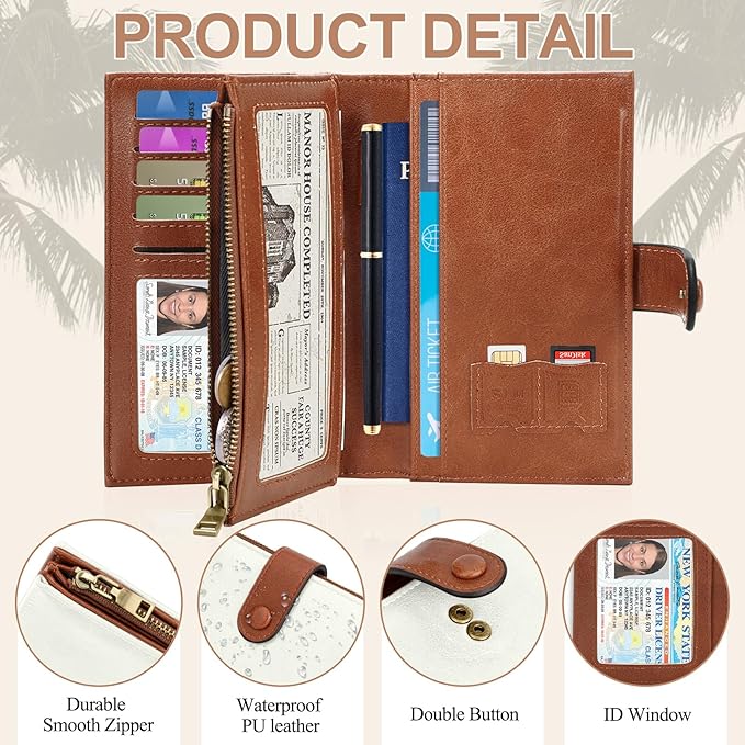 BKNOOU RFID Passport Holder Travel Wallet for Women/Men, Compact Travel Passport Wallet with Card Holders SIM Slots,Zippered Coin Pocket and Cash Slot, PU Leather Passport Holder for Travel Essentials