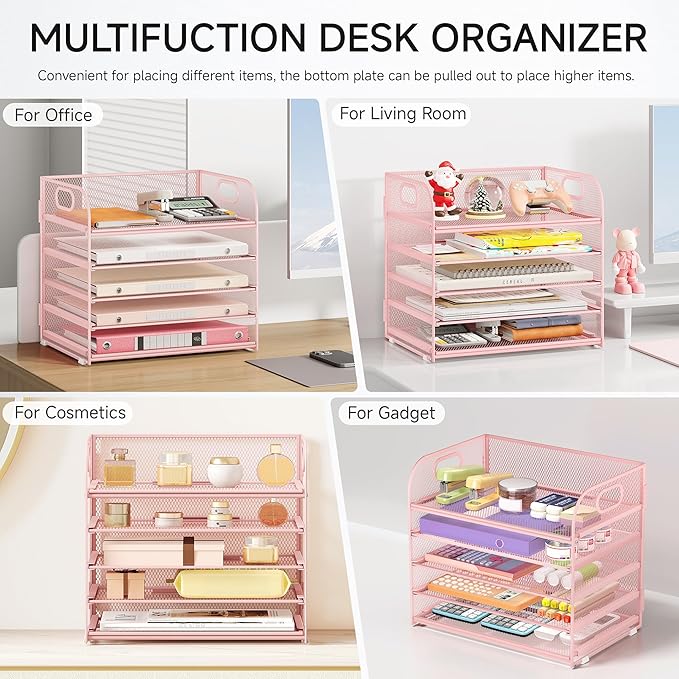 Lavatino Desk Paper Organizer with Handle, 2 Pack 5-Tier Pink Mesh Desk File Folder Holder Letter Tray Sorter Organizer for Office, Home or School