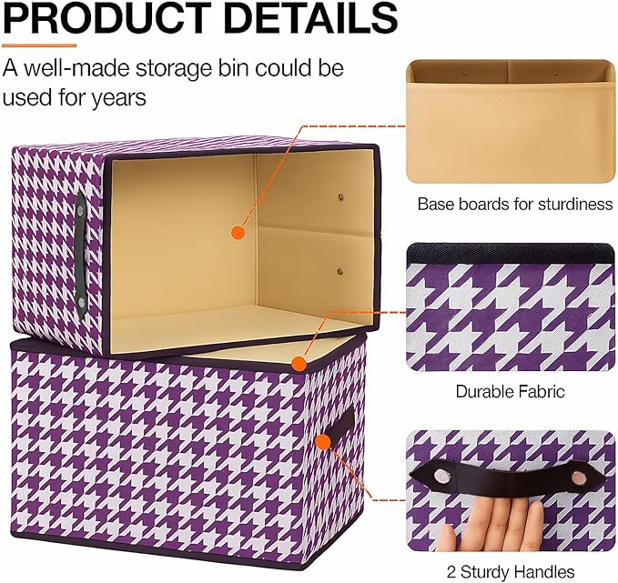 3 Pack Large Collapsible Storage Baskets for Shelves,14.9"x9.5" Fabric Closet storage Boxes with Leather Handles,Decorative Organizers Storage Bins for Clothes,Sheets,Books,(Purple Houndstooth