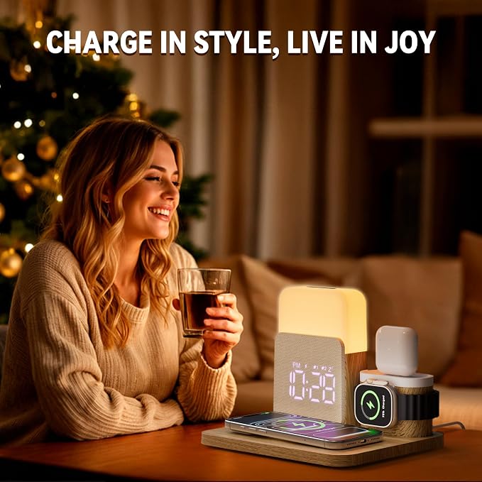 7 in 1 Wireless Charging Station, Magnetic 25W Fast Charger with Alarm Clock & Night Light, Bedside Charging Stand for iPhone 17 16 15 14 13 12 Pro Max, Apple Watch, AirPods, Bedroom