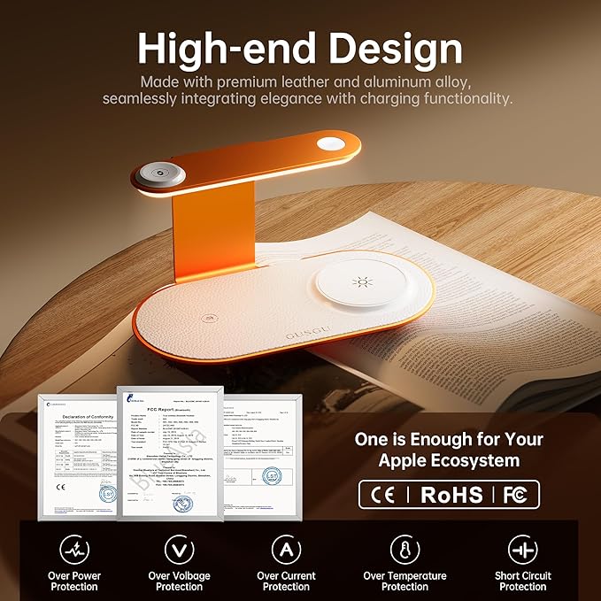 GUSGU 3 in 1 Charging Station for MagSafe Wireless Charger with Three-Level Night Light, 15W Max Fast Charging for iPhone Series/Samsung Galaxy Series, Apple/Samsung Watch Series, AirPods-Orange