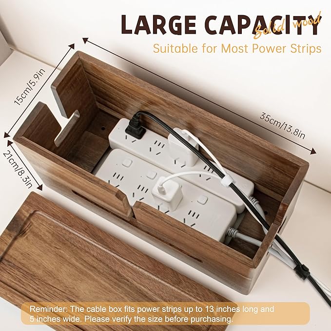 Large Cable Management Box - Organizer for Electrical Cords and Power Strips - Conceal Desk and Floor Cables - Storage Solution for Cord Hider and Organization (Brown Wood)