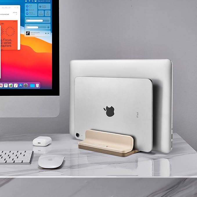 Dual Vertical Laptop Stand, 3 in 1 Upright Desktop Stand Holder with Adjustable Dock (Up to 17.3''), Leather Laptop Rack Storage Desk Organizer for Phone, Tablet, MacBook/HP/Dell/Chrome Book (Apricot)