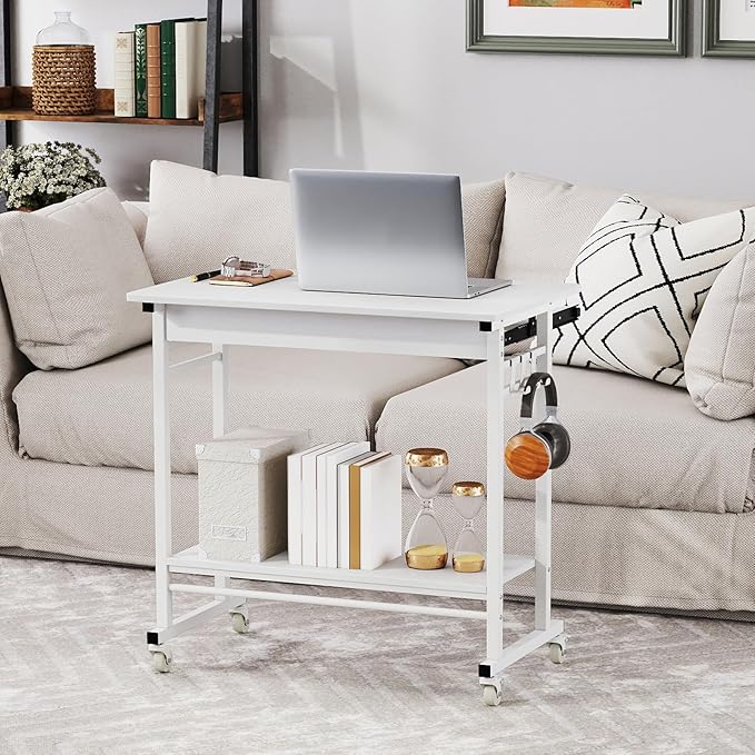 Tangkula Rolling Computer Desk Cart with Keyboard Tray, Mobile Portable Laptop PC Desk with CPU Stand & 3 Hooks for Sofa & Bed, Compact Small Desk on Wheels for Small Spaces (White)