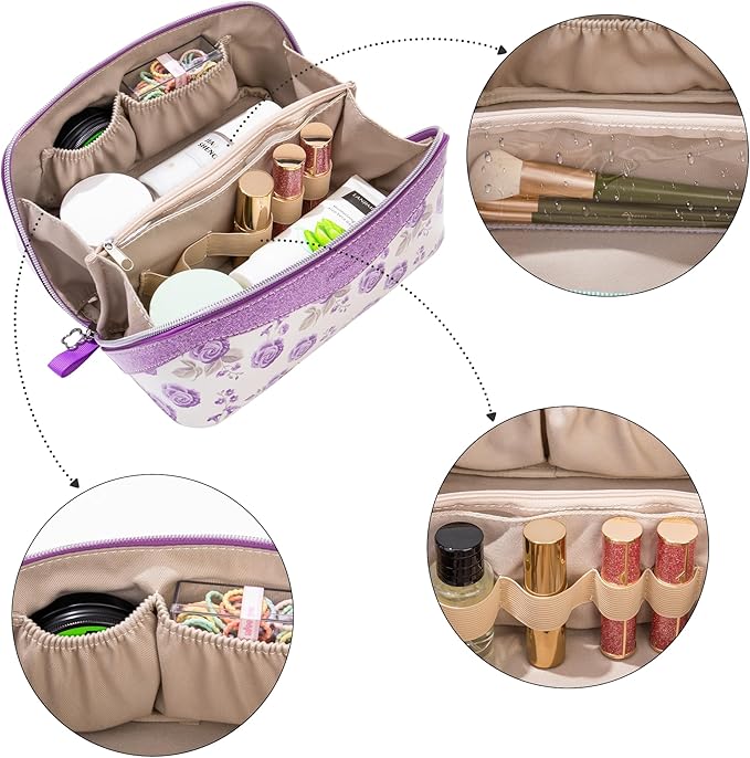 Mrsdry Travel Makeup Bag，Large-capacity waterproof cosmetic bag，Travel bags and toiletries bags for women，PU leather material，Multi-zone and large opening design (Purple flower)