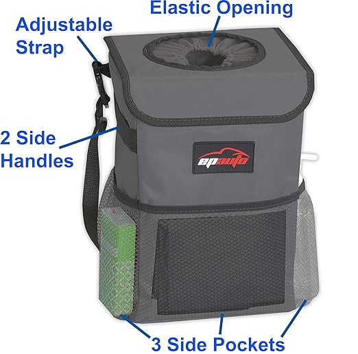EPAuto Waterproof Car Trash Can with Lid and Storage Pockets, 2.5 Gallon Leakproof, Dark Gray