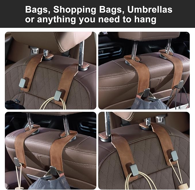 CoBak Headrest Hooks for Car - Universal Premium Stitched Leather and Aluminum-Magnesium Alloy Single Car Seat Back Storage Hook for Purses, Handbags, Bags (2 Pack),Brown