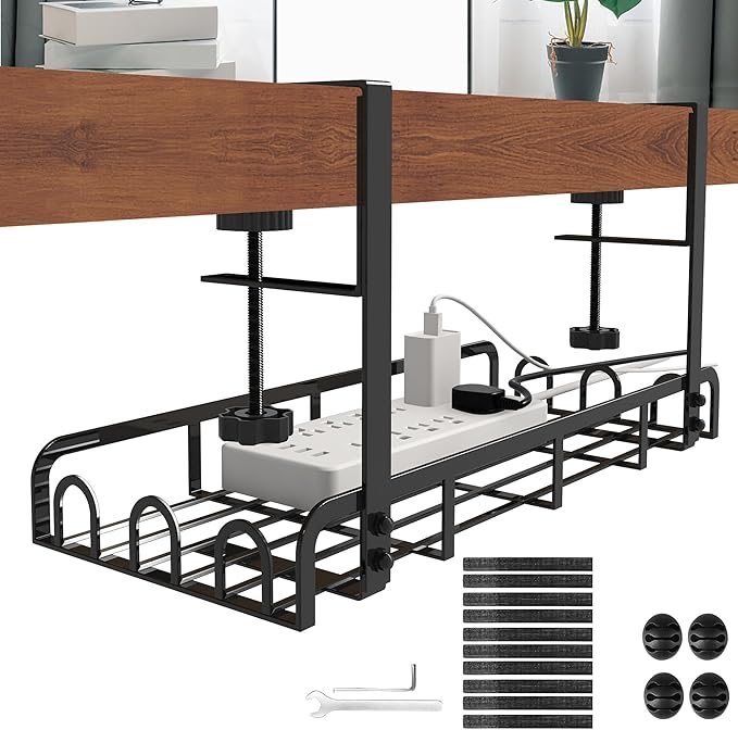 Sleclean Under Desk Cable Management Tray,2 Pack, Upgraded Long Arm Clamp, 16.6"x7.1" No Drill Steel Organizers, Cable Tray with Clamp for Wire Management,Home-No Damage to Desk
