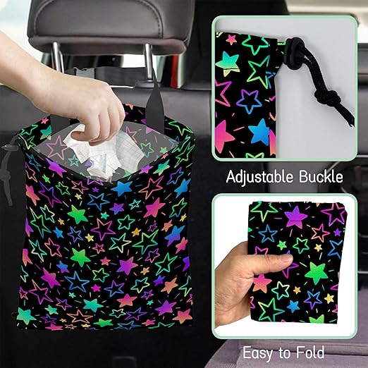 Colorful Stars Car Trash Bag,Neon Stars Hanging Drawstring Car Garbage Bag,Waterproof Canvas Car Back Seat Organizer with Adjustable Buckle,for Vehicles,SUVs,Camping,Road Trips