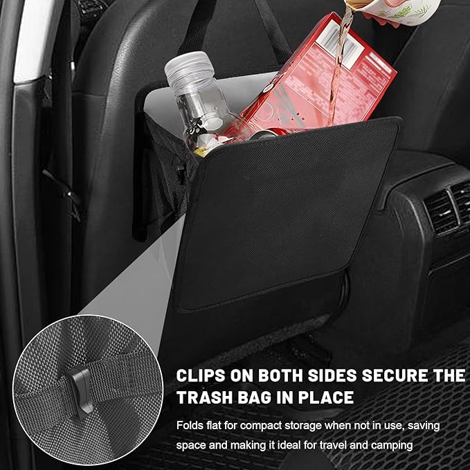 Sun Walker 2 Gallon Open-Top Car Trash Can, Waterproof Hanging Stand Trash Bag Back Seat Organizer with Adjustable Strap, Foldable Storage Container Garbage Bag for SUV Truck RV (Small)