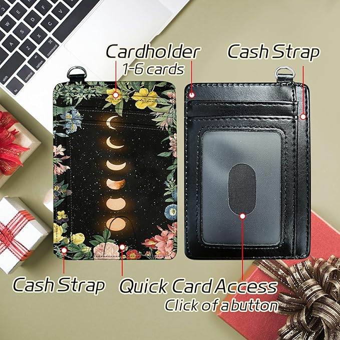 Small Travel Wallets, Moon Flower Slim Minimalist Front Pocket Wallet with Wristlet, RFID Blocking PU Leather Credit Card Holder with ID Window Change Purse for Men Women
