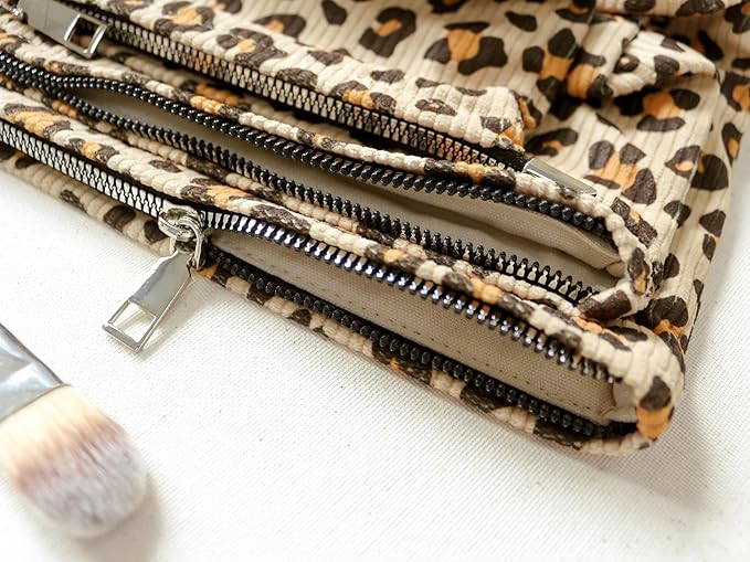 HAPPYHEIDI Cheetah Corduroy Makeup Bag Set 3 Cosmetic Toiletry Travel Pouch Purse Organizer, 3-Size, Vintage Brown Leopard
