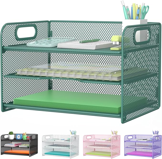 Samstar 3 Tier Green Letter Tray Paper Organizer with Handle, Mesh Desk Organizer Paper Sorter File Rack Shelves, Green