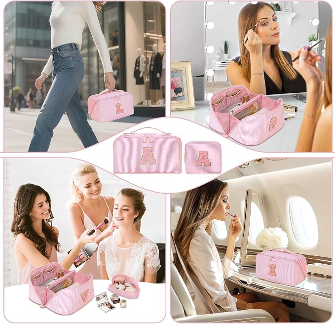Initial Makeup Bag, Personalized Cosmetic Bag, 2Pcs Large Capacity Make Up Bag for Women, Open Flat Make up Cosmetic Organizer with Handle,Portable Make Up Organizer Pouch for Women - G