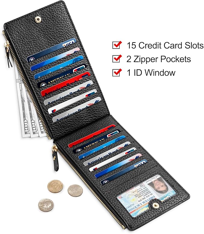 Womens Wallet, RFID Blocking Leather Wallet Large Size Bifold Multi Card Holder Wallet with Zipper Pocket - Black